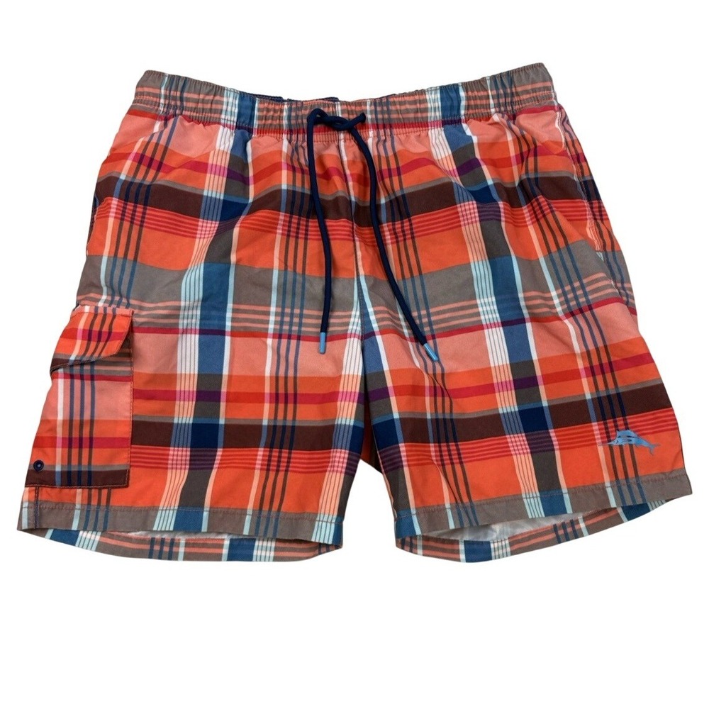 Tommy Bahama Mens Orange Blue Plaid Swim Trunks Mesh Liner Cargo Medium
